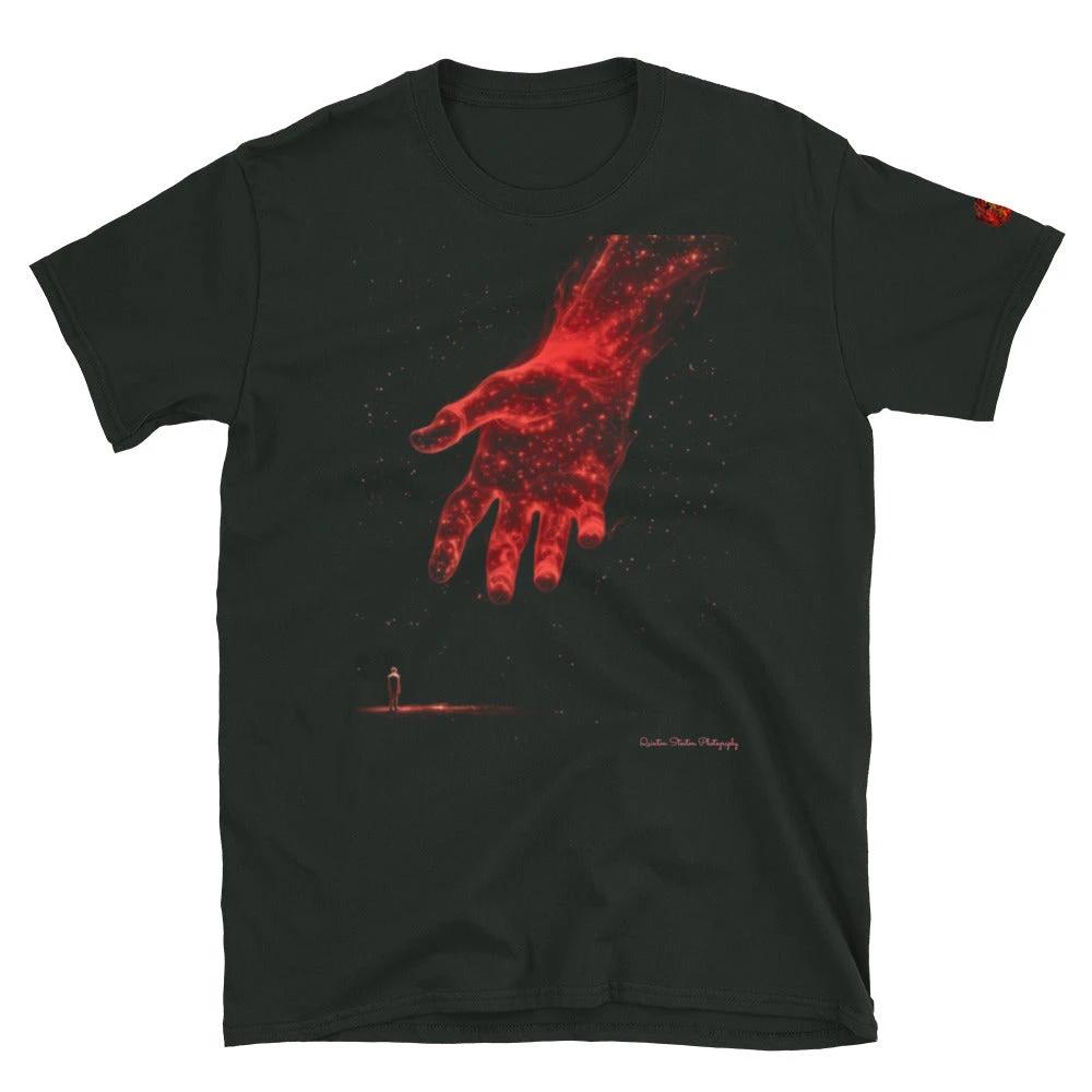 The Reach Cinematic Art T-Shirt featuring a glowing red hand reaching toward a lone figure on a platform.