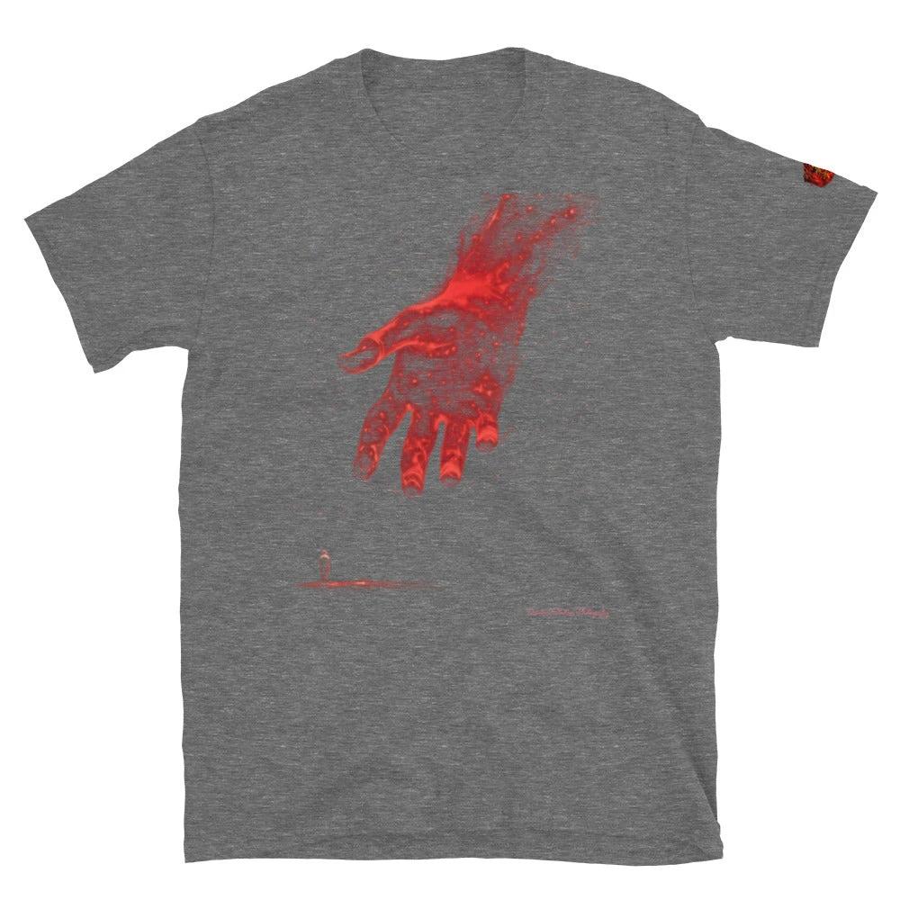 The Reach Cinematic Art T-Shirt by Quinton Stocton Photography features a glowing red hand motif on heather gray.