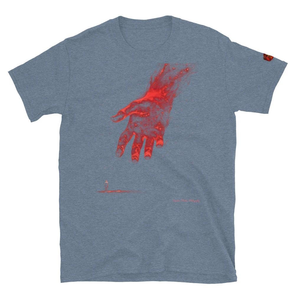The Reach Cinematic Art T-Shirt by Quinton Stocton Photography features a red hand reaching upward on blue fabric.