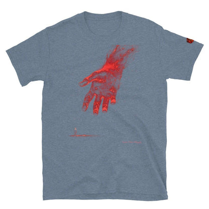 The Reach Cinematic Art T-Shirt by Quinton Stocton Photography features a red hand reaching upward on blue fabric.