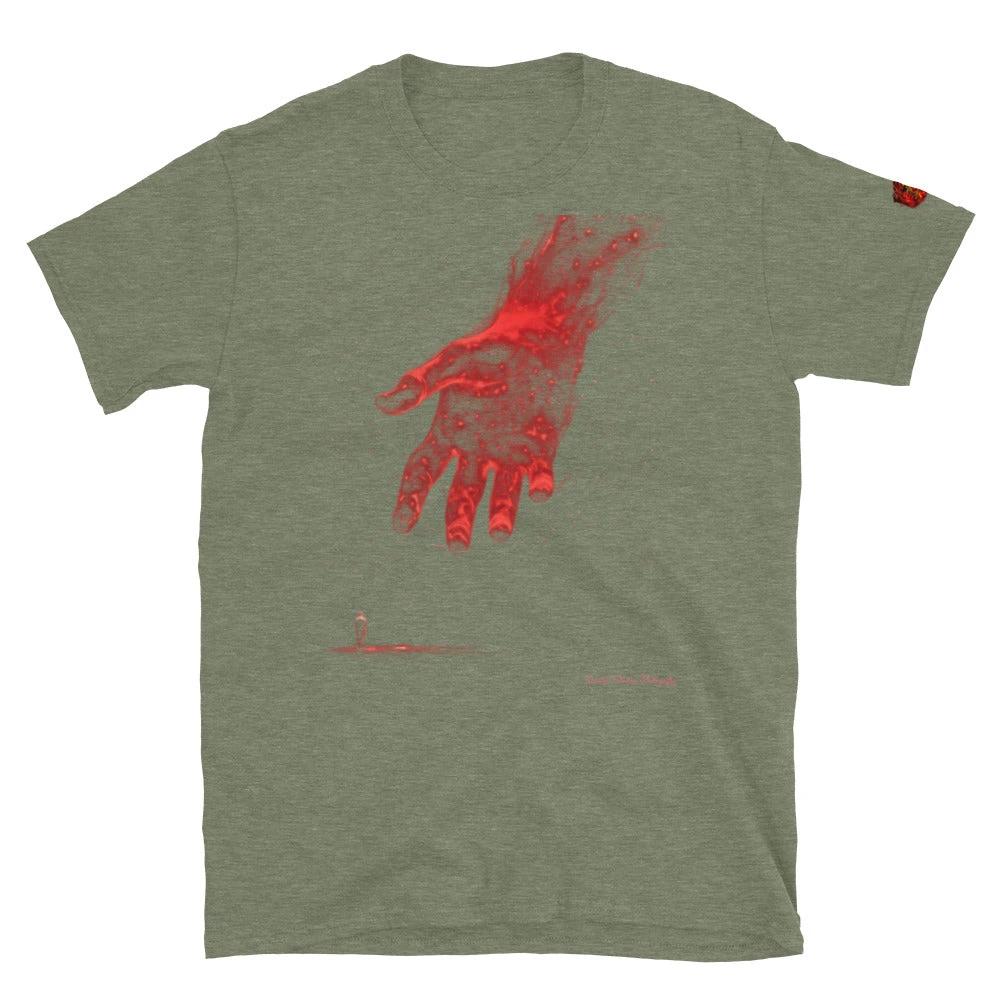The Reach Cinematic Art T-Shirt by Quinton Stocton Photography shows a glowing red hand reaching forward.