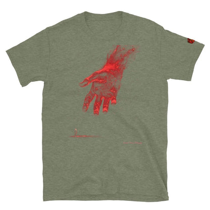 The Reach Cinematic Art T-Shirt by Quinton Stocton Photography: glowing red hand reaching on olive fabric.