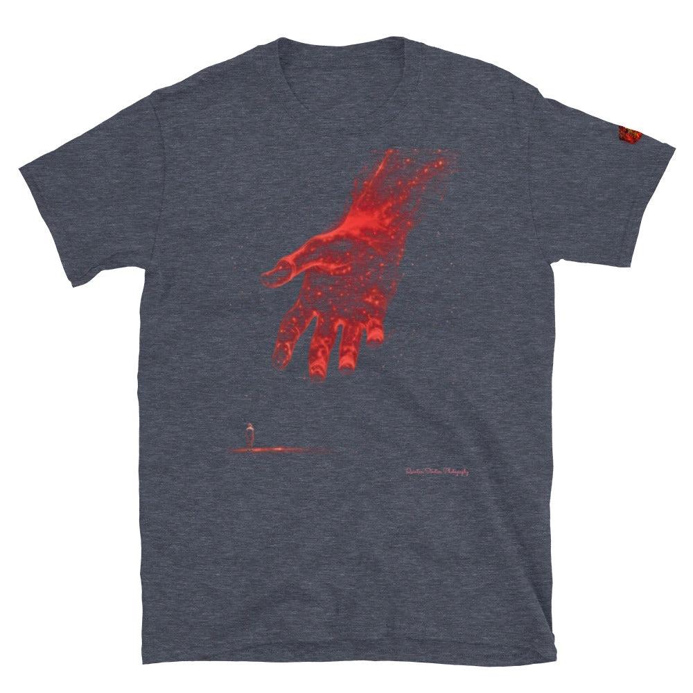 The Reach Cinematic Art T-Shirt features a large red glowing hand reaching toward a small figure on dark heather.