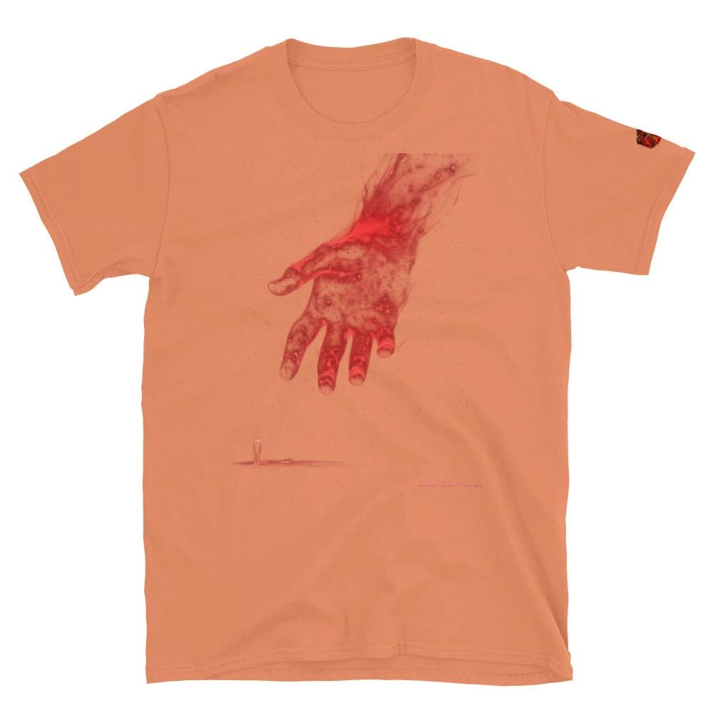 Peach T-shirt featuring a large red handprint graphic from The Reach Cinematic Art by Quinton Stocton Photography.