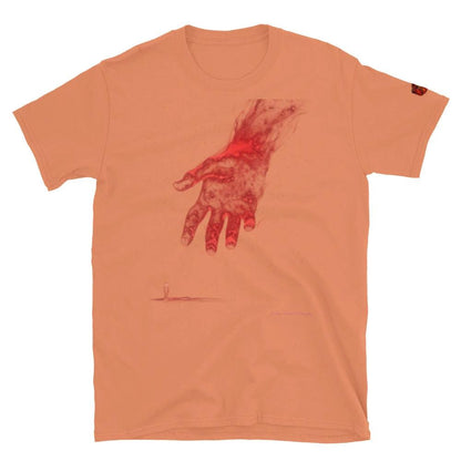 Peach T-shirt featuring a large red handprint graphic from The Reach Cinematic Art by Quinton Stocton Photography.