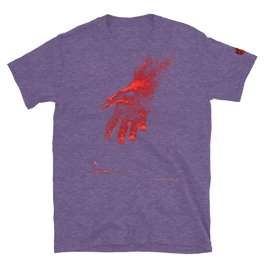 Purple The Reach Cinematic Art T-Shirt featuring a glowing red hand reaching forward, by Quinton Stocton Photography