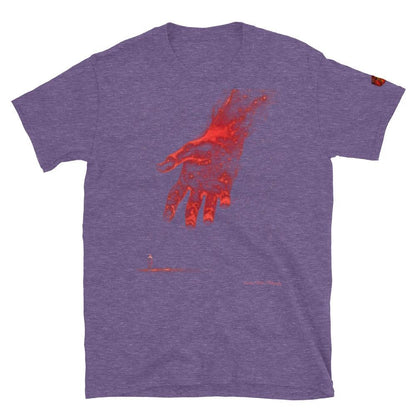 Purple The Reach Cinematic Art T-Shirt featuring a glowing red hand reaching forward, by Quinton Stocton Photography