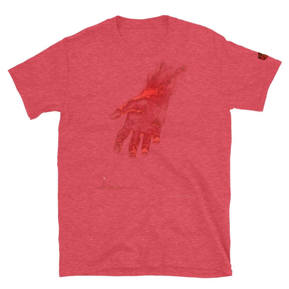 The Reach Cinematic Art T-Shirt by Quinton Stocton Photography; red heather tee with a glowing handprint on the chest.