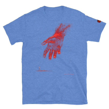 The Reach Cinematic Art T-Shirt by Quinton Stocton Photography features a red glowing hand on blue fabric.