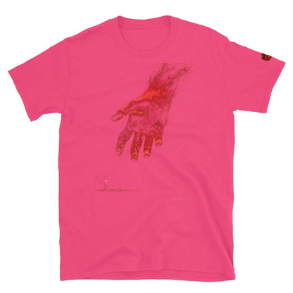 The Reach Cinematic Art T-Shirt by Quinton Stocton: pink tee with glowing red hand reaching toward a tiny figure.