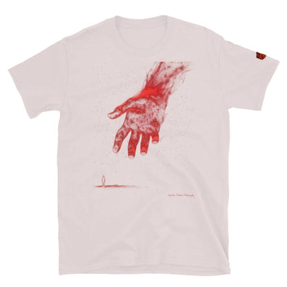 The Reach Cinematic Art T-Shirt featuring a large red reaching hand above a lone figure by Quinton Stocton Photography.