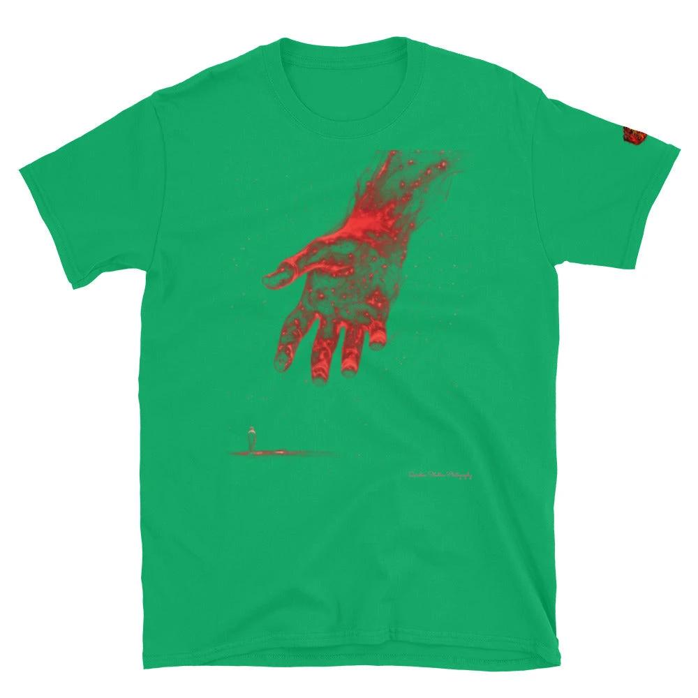 Green The Reach Cinematic Art T-Shirt featuring a red, reaching hand and a tiny figure, by Quinton Stocton Photography