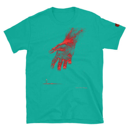 Teal The Reach Cinematic Art T-Shirt featuring a red luminous hand reaching toward a tiny figure on the ground.