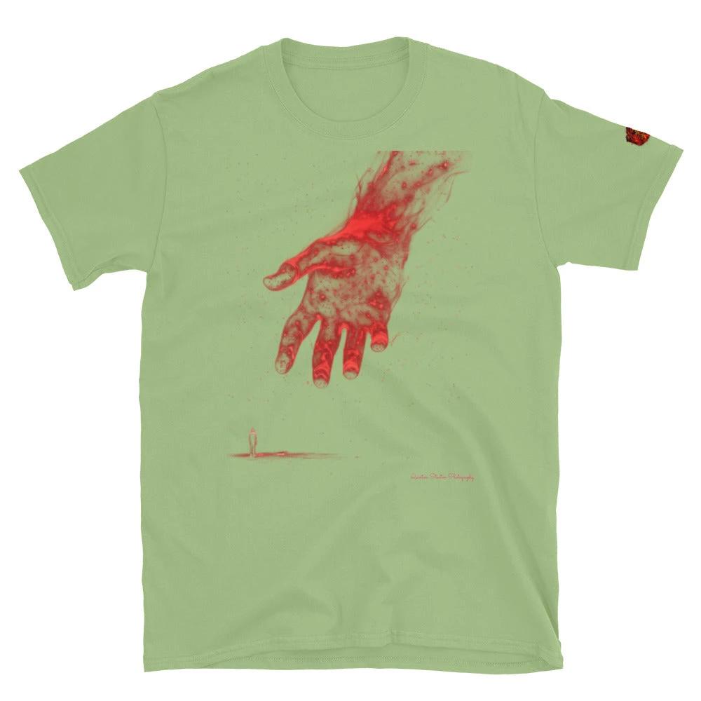 The Reach Cinematic Art T-Shirt by Quinton Stocton Photography: pale green tee with a red hand reaching forward.