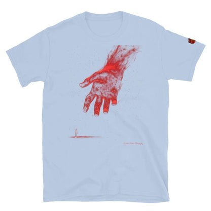 The Reach Cinematic Art T-Shirt by Quinton Stocton Photography: red hand reaching toward a figure on pale blue tee.
