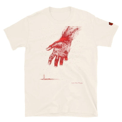 The Reach Cinematic Art T-Shirt by Quinton Stocton Photography features a red hand reaching toward a lone figure.