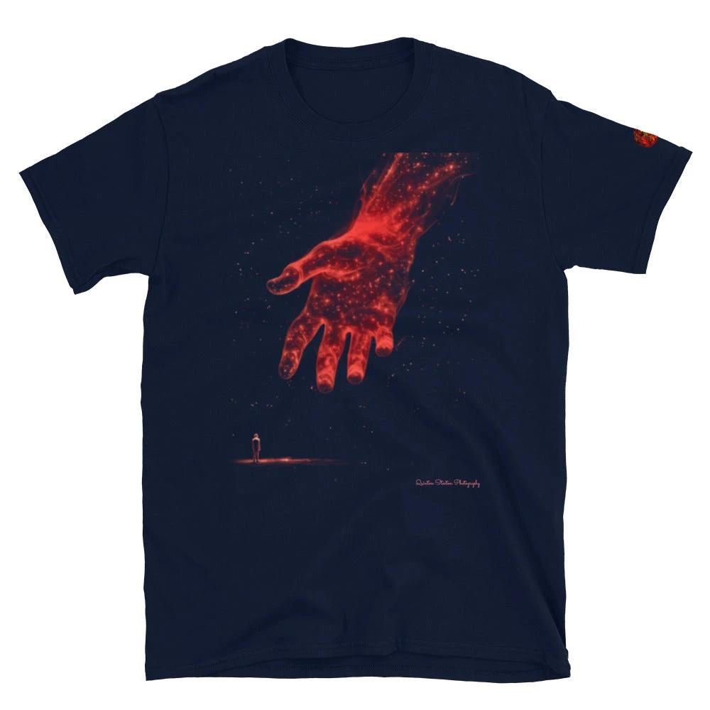 The Reach Cinematic Art T-Shirt features a glowing red hand reaching toward a lone figure under a starry sky.