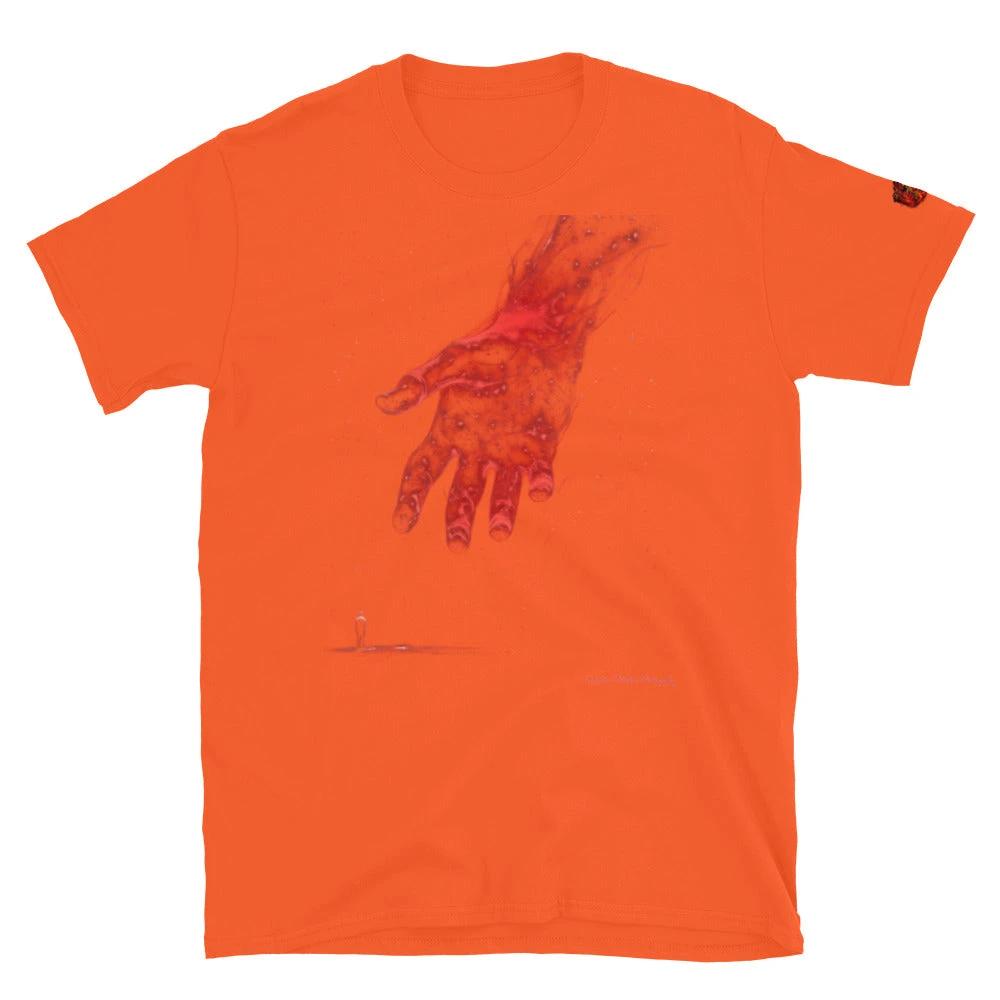 The Reach Cinematic Art TShirt by Quinton Stocton Photography: orange tee with a large red hand reaching toward figure.