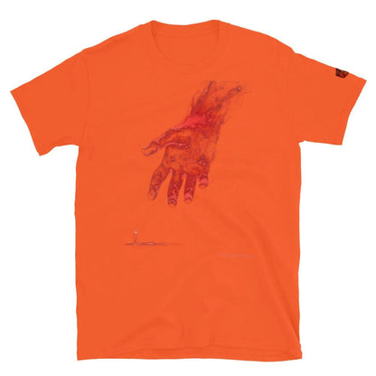 The Reach Cinematic Art TShirt by Quinton Stocton Photography: orange tee with a large red hand reaching toward figure.