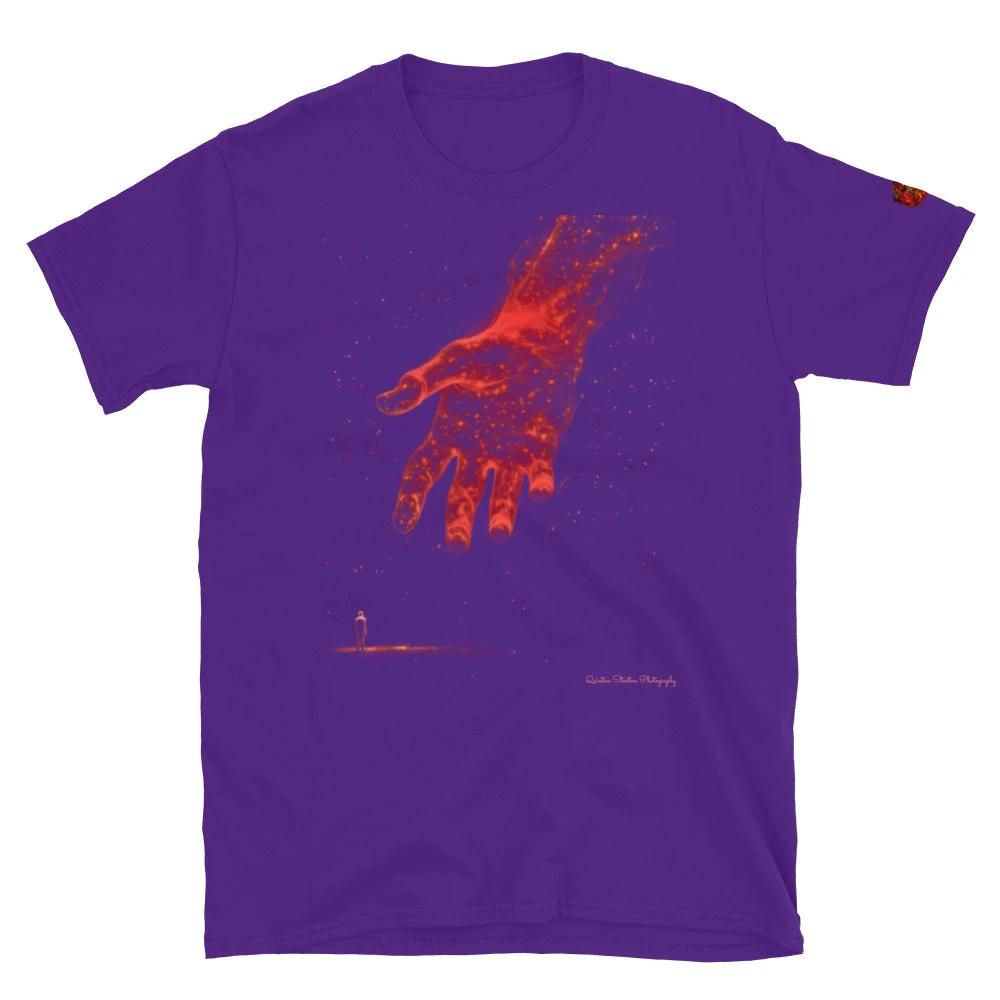 Purple The Reach Cinematic Art T-Shirt | Quinton Stocton Photography featuring a glowing red hand reaching forward.