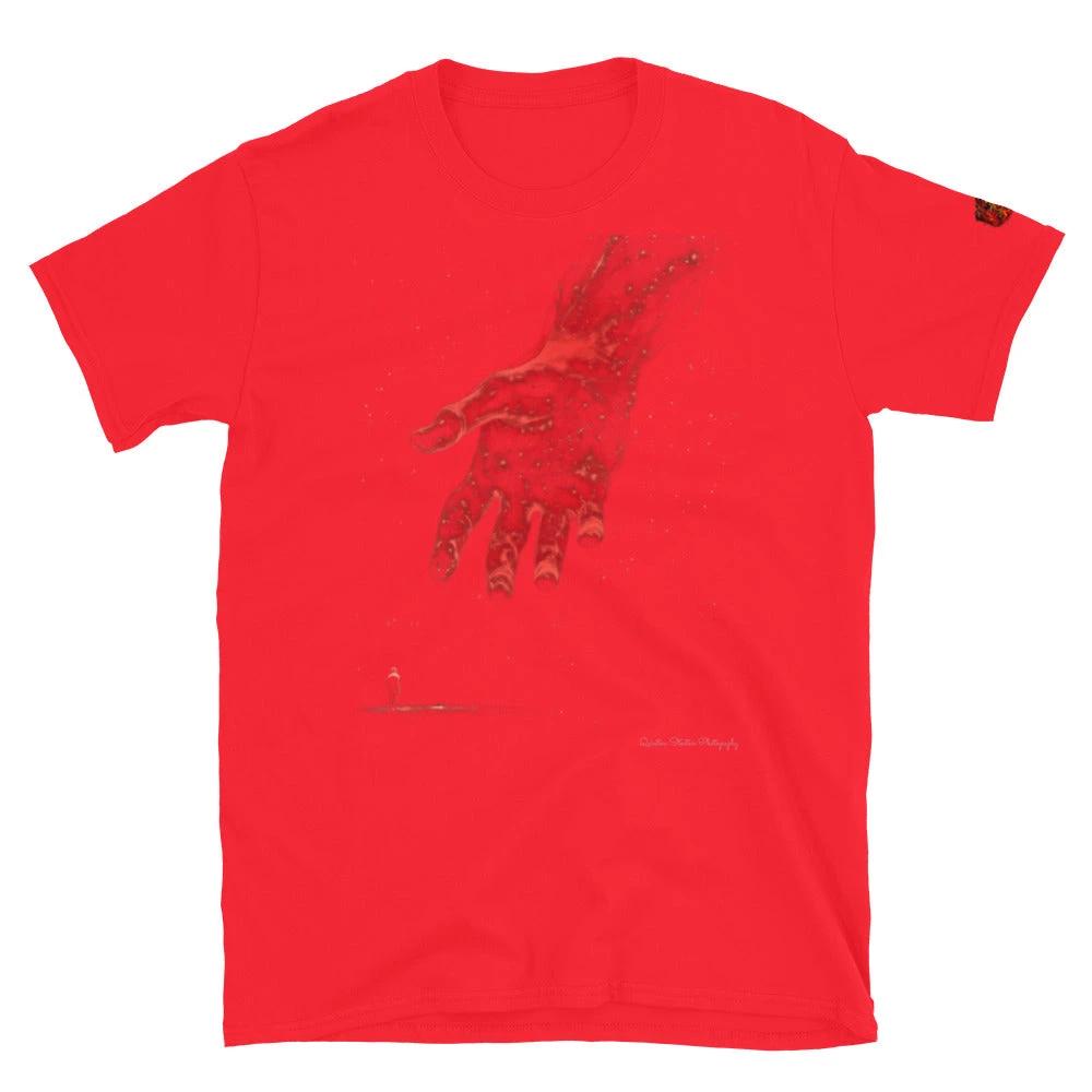 The Reach Cinematic Art T-Shirt by Quinton Stocton Photography featuring a glowing red hand reaching downward.