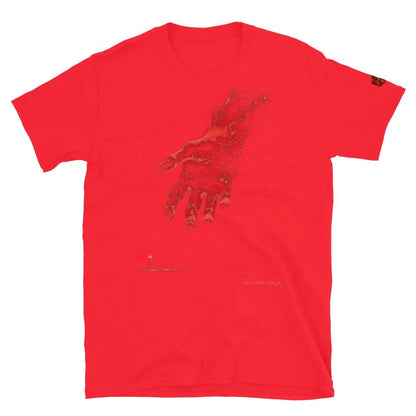 The Reach Cinematic Art T-Shirt by Quinton Stocton Photography featuring a glowing red hand reaching downward.
