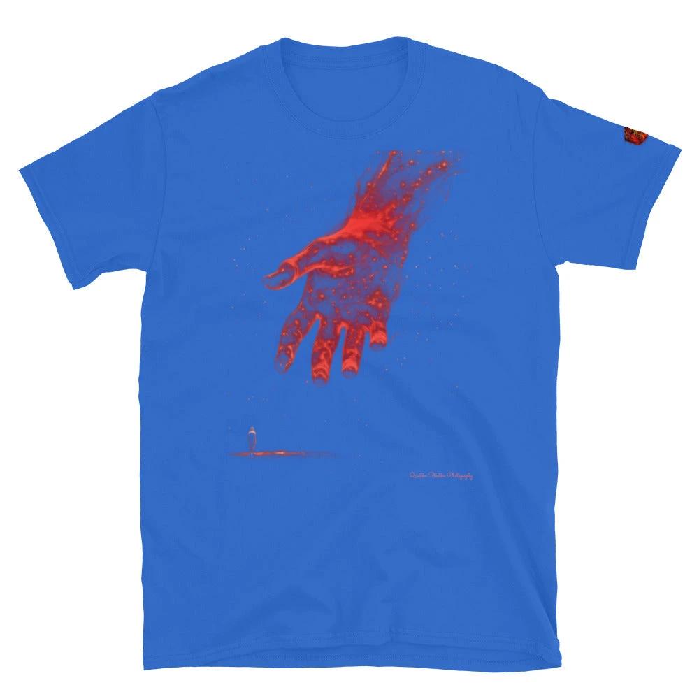 Red glowing hand reaching on a royal blue T-shirt from The Reach Cinematic Art by Quinton Stocton Photography.