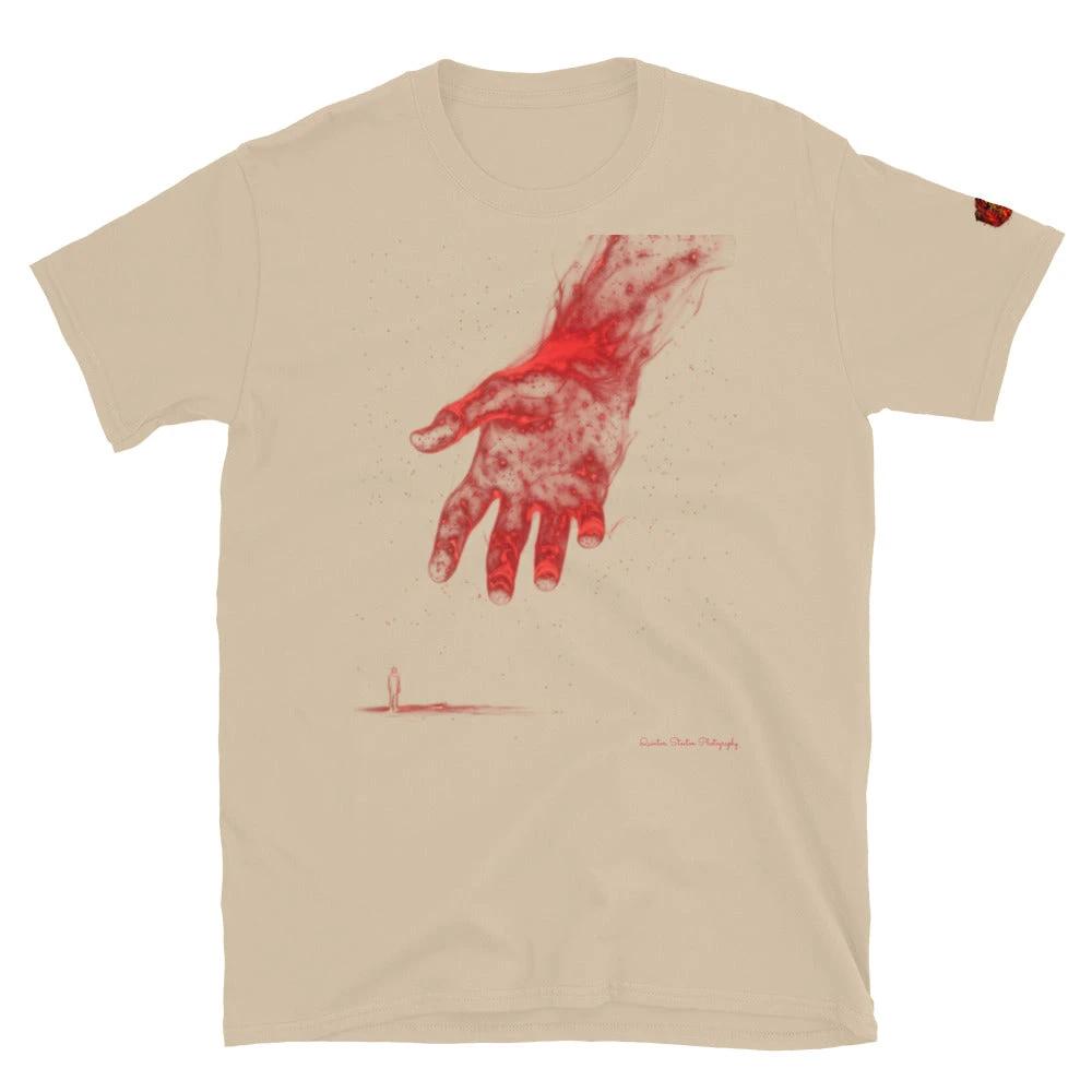 The Reach Cinematic Art shirt by Quinton Stocton Photography shows a red glowing hand reaching toward a tiny figure.