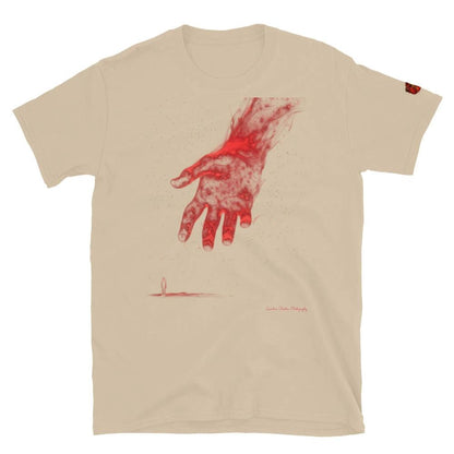 The Reach Cinematic Art shirt by Quinton Stocton Photography shows a red glowing hand reaching toward a tiny figure.