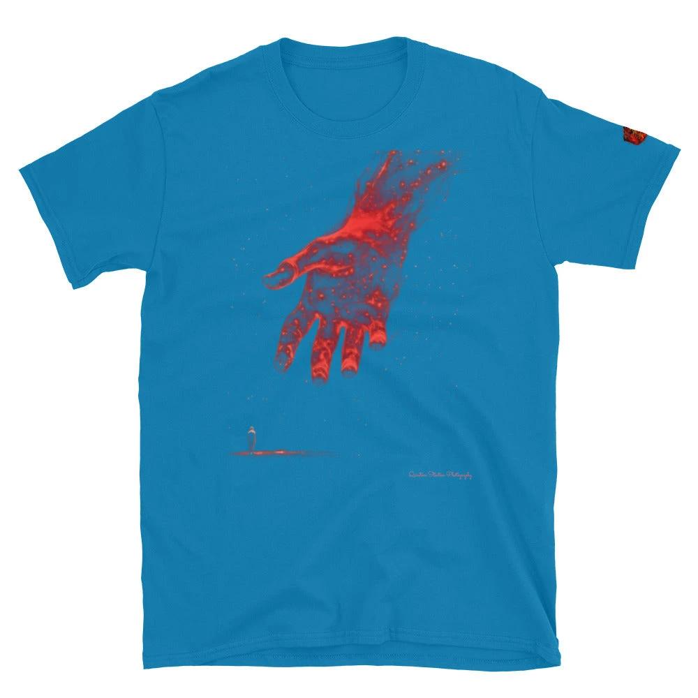 The Reach Cinematic Art T-Shirt by Quinton Stocton Photography: blue tee featuring a red glowing hand reaching forward