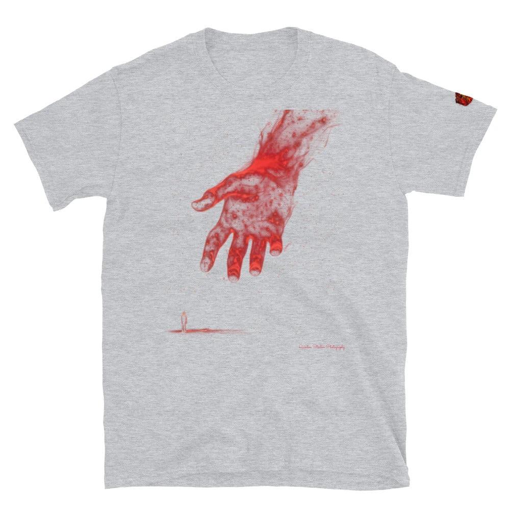 The Reach Cinematic Art T-Shirt design: red hand reaching downward on light gray fabric.