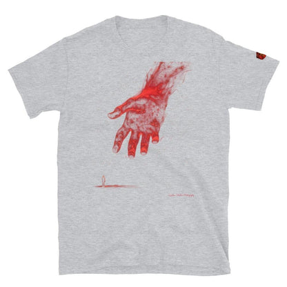 The Reach Cinematic Art T-Shirt design: red hand reaching downward on light gray fabric.