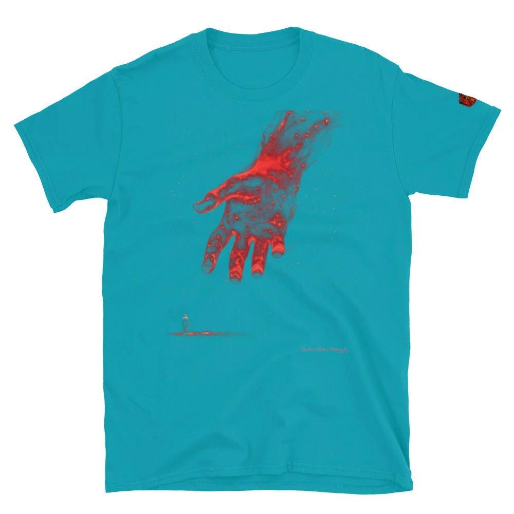 The Reach Cinematic Art T-Shirt by Quinton Stocton Photography, teal shirt featuring a red hand reaching forward.