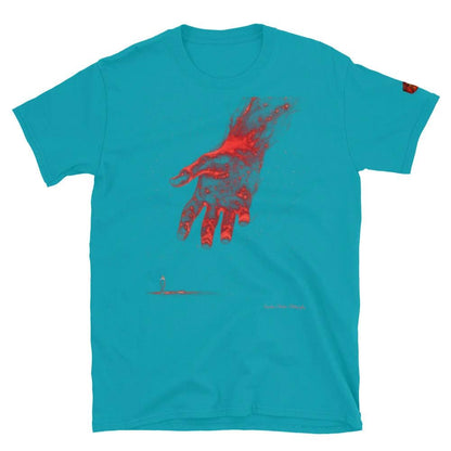 The Reach Cinematic Art T-Shirt by Quinton Stocton Photography, teal shirt featuring a red hand reaching forward.