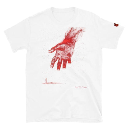 The Reach Cinematic Art T-Shirt by Quinton Stocton Photography features a red hand reaching toward a lone figure.