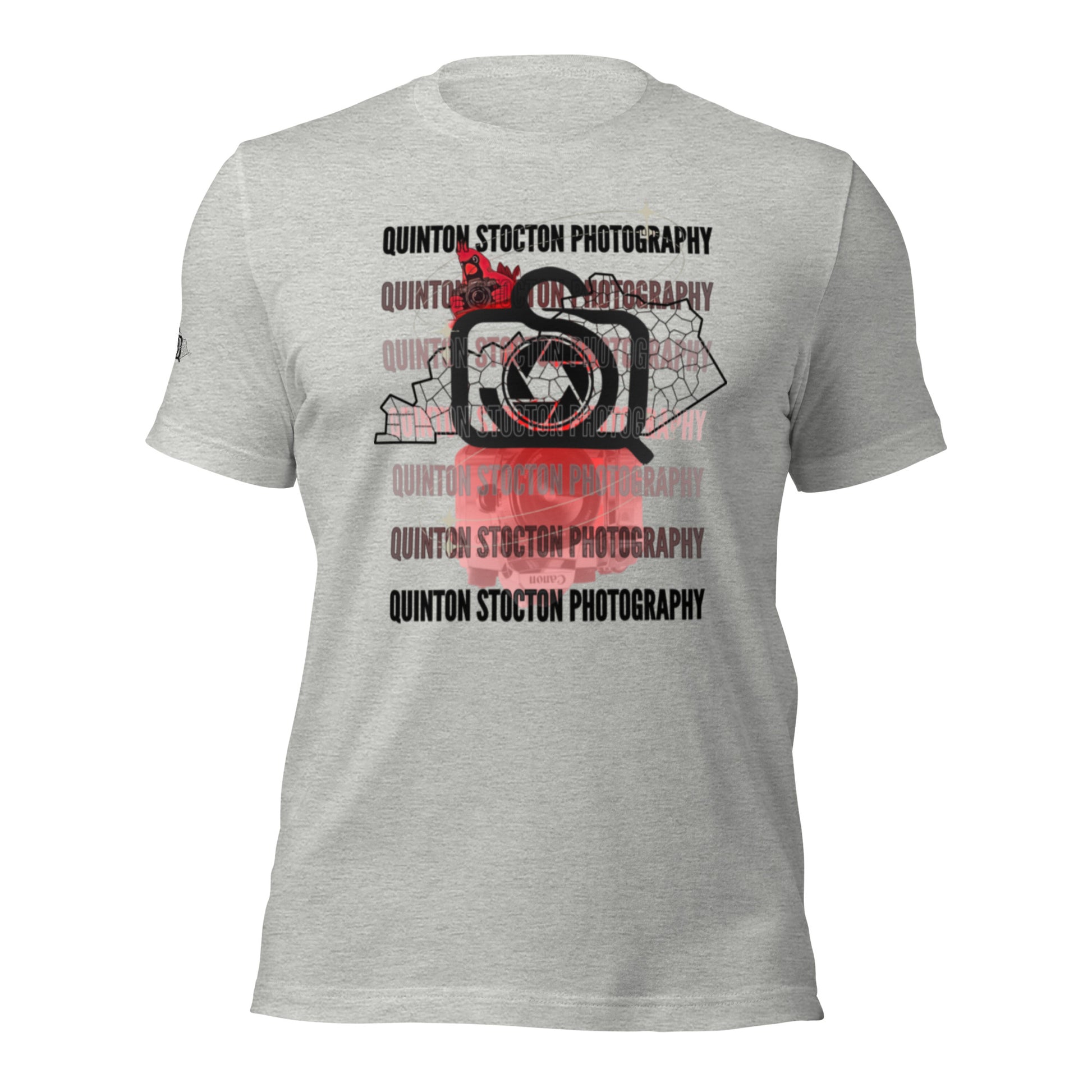 Gray t-shirt with Quinton Stocton Photography graphic design on a white background