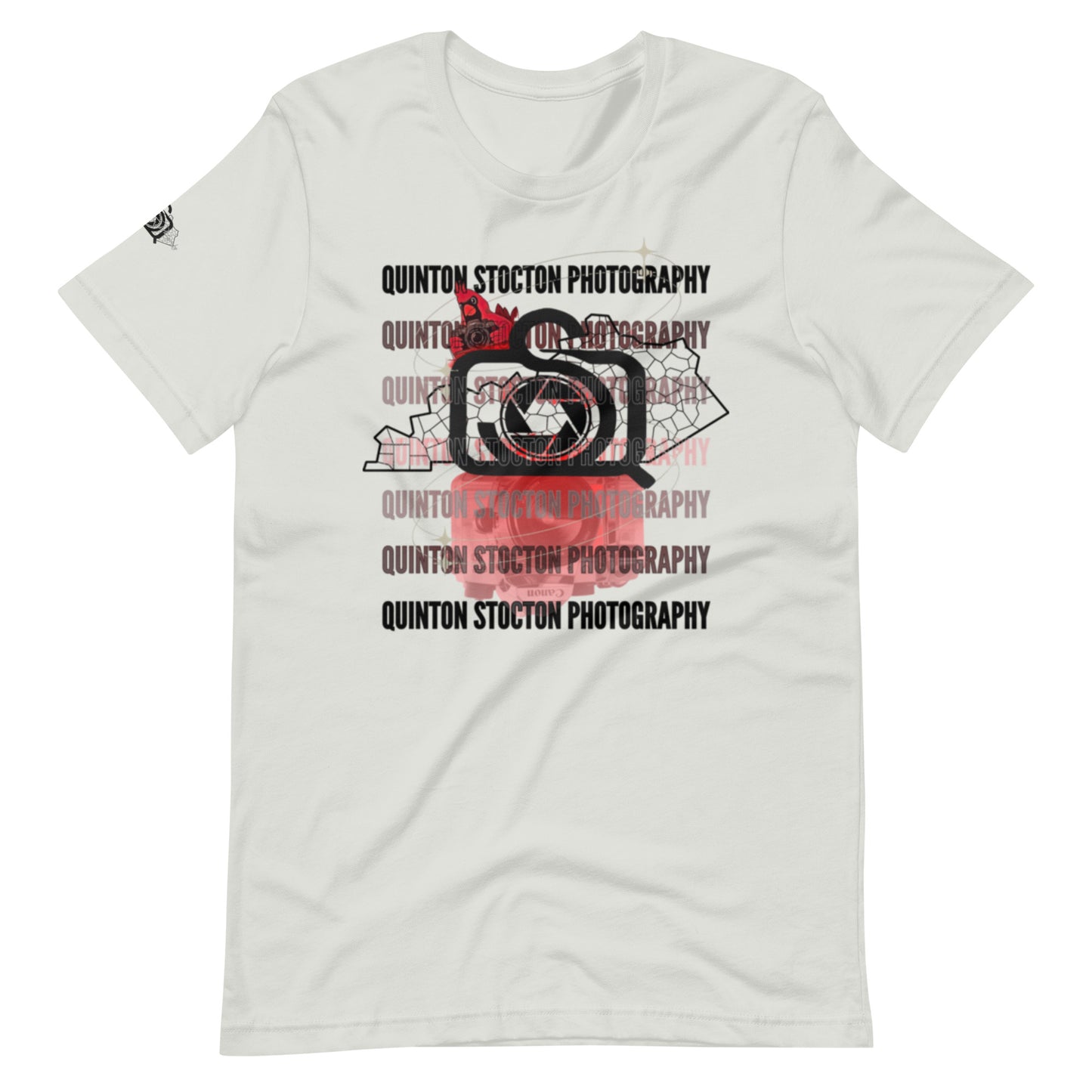 White t-shirt with 'Quinton Stocton Photography' graphic design on a white background