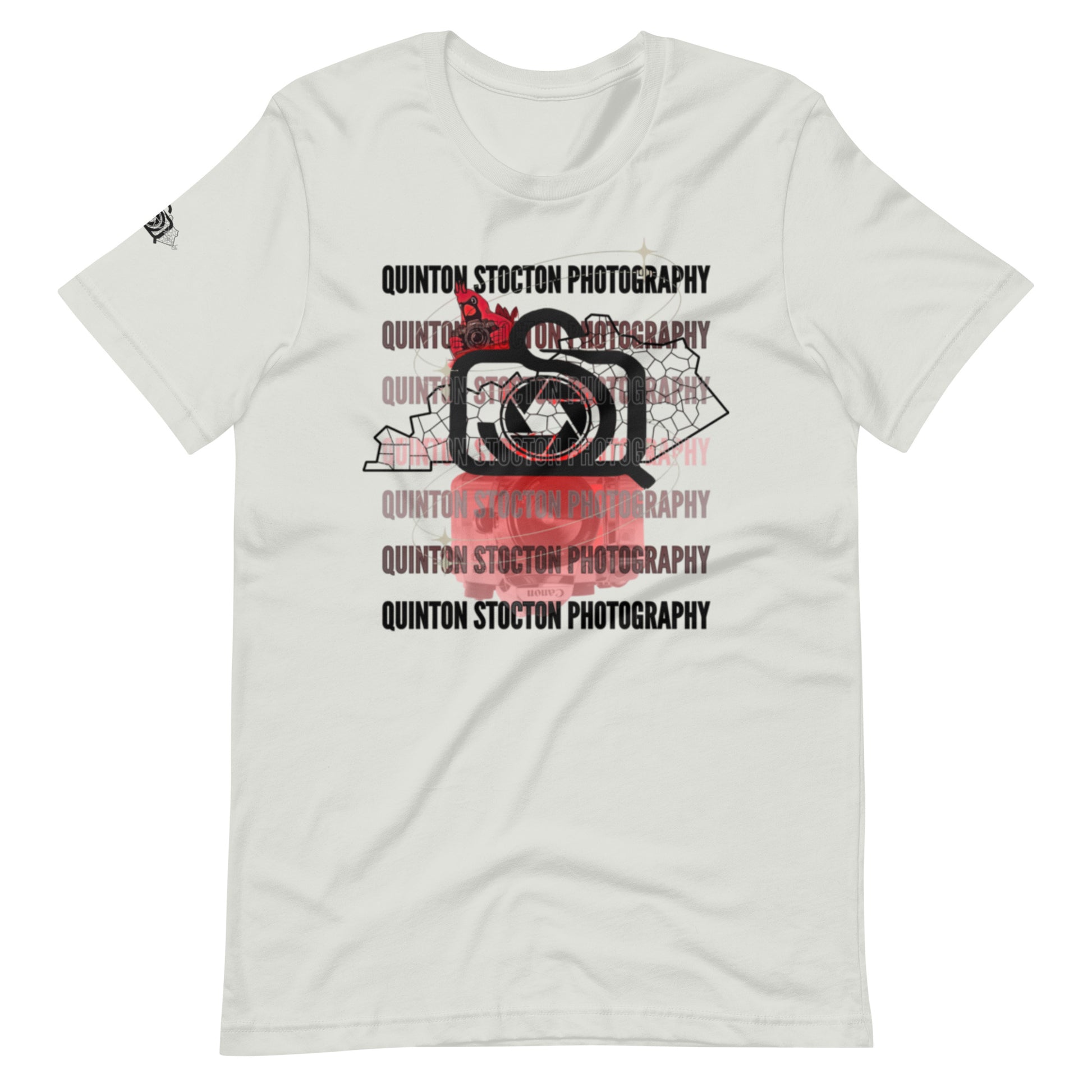 White t-shirt with 'Quinton Stocton Photography' graphic design on a white background