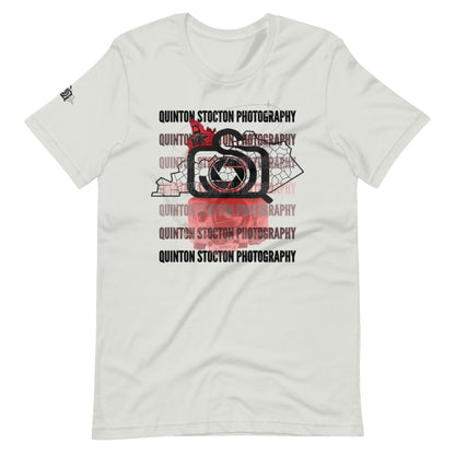 White t-shirt with 'Quinton Stocton Photography' graphic design on a white background